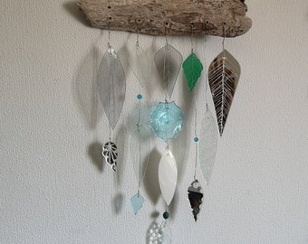 Decoración de pared de primavera plateada, decoración de jardín, campana de viento de vidrio Multicolores Hojas de campana de viento estilo boho decoración del hogar Decoración de ventana de atrapasol móvil