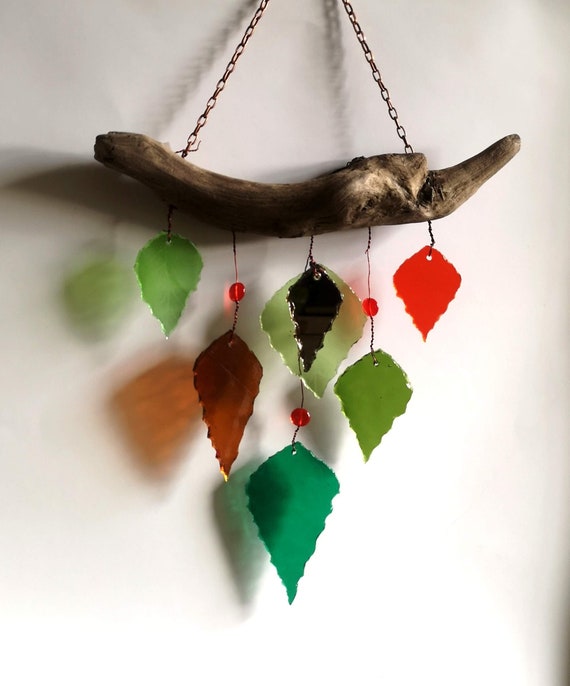 Campanelli A Vento In Vetro Colorato A Forma Di Foglie – 32 Cm – Decorazione Da Esterno Per Giardino, Terrazzo, Finestra - 2