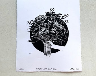 These are for you - original licocut print, blockprint, miniprint, floral art, wall art, decor, flower bouquet, gift for her