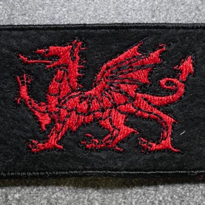 May include: Red embroidered dragon patch on a black felt background. The dragon is facing left and has wings and a tail.