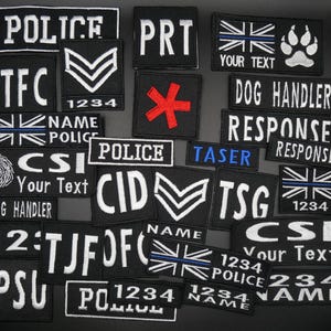 Custom police style embroidered patches, ID, Thin Line, Skill Patch - Velcro, Iron on or sew on, fancy dress - Tough waterproof fabric