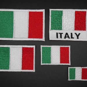 May include: A selection of embroidered Italian flag patches in different sizes. Each patch shows the green, white, and red vertical stripes of the flag. One patch has the word "ITALY" in black lettering.