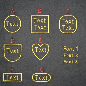 May include: An image featuring embroidered shapes with the word "Text" inside, such as a circle, square, and heart. The image also displays three different font styles labelled "Font 1", "Font 2", and "Font 3".