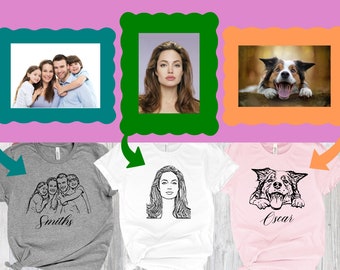 Camiseta personalizada con retrato a partir de foto, camiseta personalizada con arte lineal dibujado a mano, sudadera con retrato familiar, dibujo de retrato a partir de foto