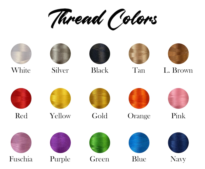 Puede incluir: Una carta de colores que muestra los colores de hilo, incluyendo blanco, plata, negro, beige y marr&oacute;n. Los colores adicionales son rojo, amarillo, dorado, naranja, rosa, fucsia, morado, verde, azul y marino. El t&iacute;tulo "Thread Colors" est&aacute; en la parte superior.