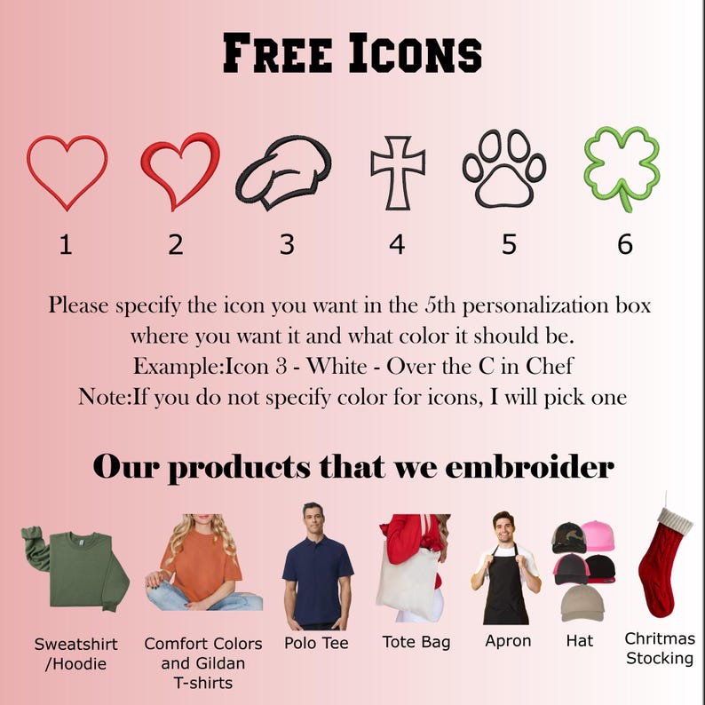 Puede incluir: Imagen con seis iconos gratuitos: un coraz&oacute;n, un contorno de coraz&oacute;n, un gorro de chef, una cruz, una huella de pata y un tr&eacute;bol. La imagen tambi&eacute;n muestra varios productos para bordar, incluyendo sudaderas, camisetas, polos, bolsas de mano, delantales, gorros y calcetines navide&ntilde;os.