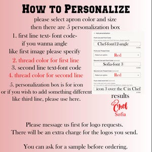 Puede incluir: Imagen con instrucciones sobre c&oacute;mo personalizar un delantal. El texto incluye pasos para seleccionar c&oacute;digos de fuente, colores de hilo y agregar iconos. El ejemplo muestra "Chef-font12-angle" y "Sofia-font 3" con hilo rojo. El resultado final es "Chef Sofia".