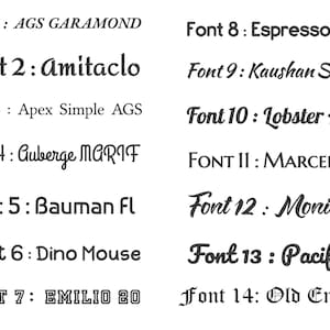 Puede incluir: Una imagen que muestra 14 estilos de fuente diferentes, cada uno identificado con un n&uacute;mero y un nombre. Las fuentes var&iacute;an de serif a script, con ejemplos como "AGS GARAMOND", "Amitaclo" y "Old English".
