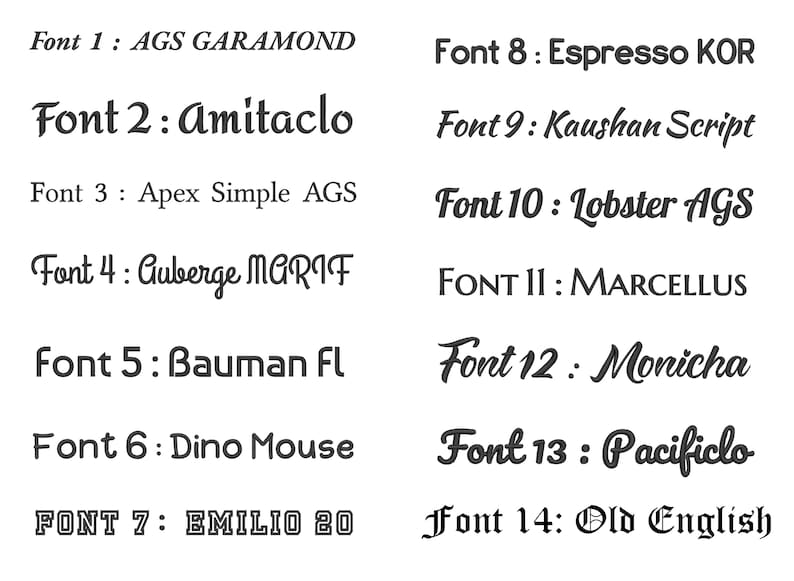 Puede incluir: Una imagen que muestra 14 estilos de fuente diferentes, cada uno identificado con un n&uacute;mero y un nombre. Las fuentes var&iacute;an de serif a script, con ejemplos como "AGS GARAMOND", "Amitaclo" y "Old English".