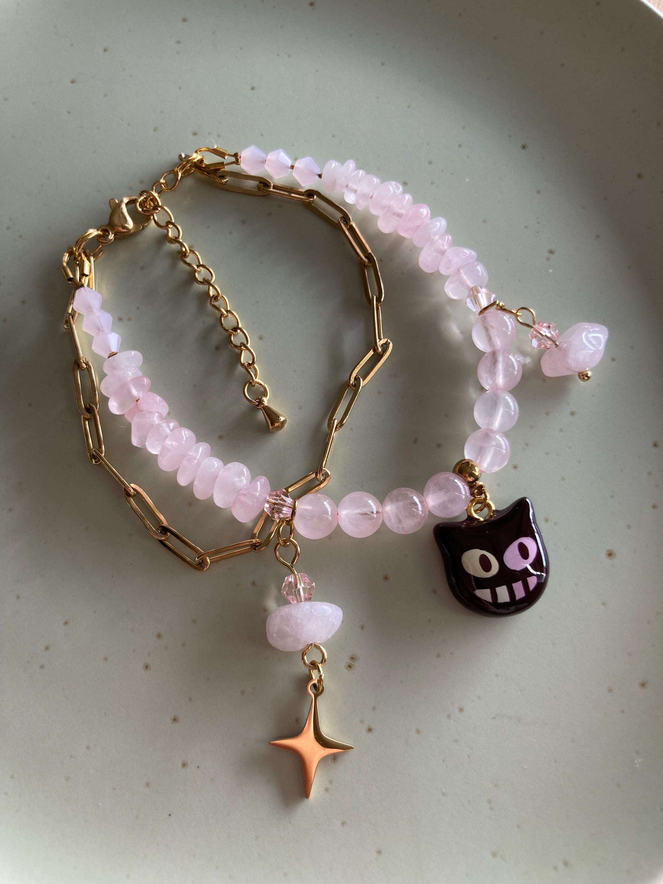 Cookie Cat Rose Quartz/ Bracelet SU Handmade Clay Charm