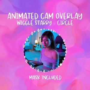 Peut inclure: Un fond dégradé rose et violet avec un cercle blanc contenant une femme assise sur une chaise. Le cercle a une bordure blanche avec un motif en diamant répété. Le texte "ANIMATED CAM OVERLAY WIGGLE STARRY - CIRCLE" est en haut de l'image. Le texte "MASK INCLUDED" est en bas de l'image.