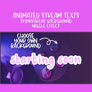 Peut inclure: Superposition de texte de flux animé sur un fond violet et bleu. Le texte dit "Choisissez votre propre arrière-plan" avec une flèche pointant vers une manette de jeu vidéo violette et bleue. Le texte "démarrage imminent" est en grandes lettres roses.
