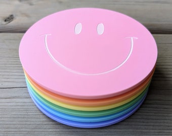 Happy Face Pastel Acrylic Drink Coasters, Rainbow Drink Coasters, Happy Face Coasters
