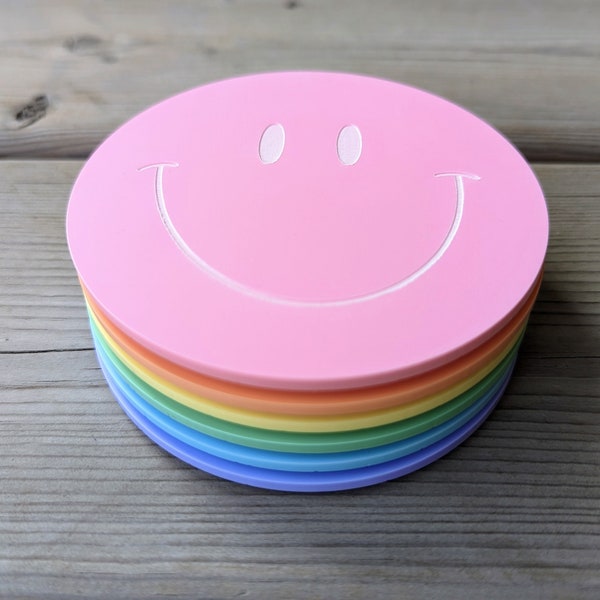 Happy Face Pastel Acrylic Drink Coasters, Rainbow Drink Coasters, Happy Face Coasters