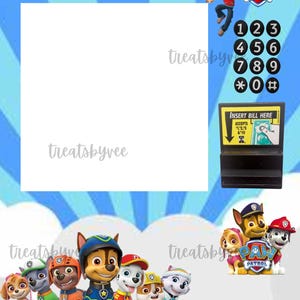 Puede incluir: Una máquina expendedora con temática de la Patrulla Canina con un espacio en blanco para una foto o imagen. La máquina expendedora tiene un teclado numérico con los números del 1 al 9, una estrella, un cero y un signo de libra. La máquina expendedora también tiene una ranura para insertar billetes. El texto "JIBRIL'S VENDING MACHINE" está en la parte superior de la imagen. La imagen también presenta un personaje de la Patrulla Canina, Ryder, de pie sobre la máquina expendedora. La parte inferior de la imagen presenta un grupo de personajes de la Patrulla Canina, incluidos Chase, Marshall, Skye, Rocky, Rubble y Zuma.