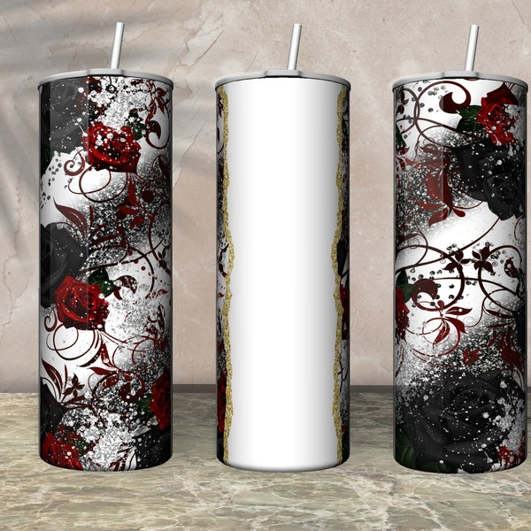 Custom Name Tumbler Wrap Roses Tumbler PNG Black Floral Tumbler Design Red Rose Tumbler Sublimation Black and White Tumbler Wrap 20 oz Wrap