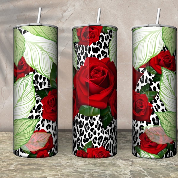 Red Rose Tumbler Wrap Green Leaves Tumbler PNG Leopard Print Tumbler Sublimation Floral Tumbler Wrap Roses Tumbler 20 oz Skinny Tumbler