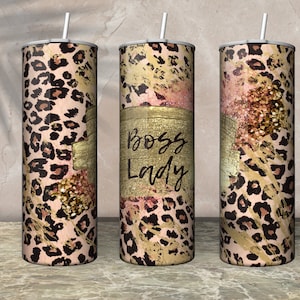 Boss Lady Leopard Print Becher eingewickelt PNG 20 oz Skinny Becher Gold Pink Faux Glitzer Tasse Wrap Marmor Becher Sublimation Design