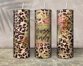Boss Lady Leopard Print Tumbler Wrapped PNG 20 oz Skinny Tumbler Gold Pink Faux Glitter Cup Wrap Marble Tumbler Sublimation Design