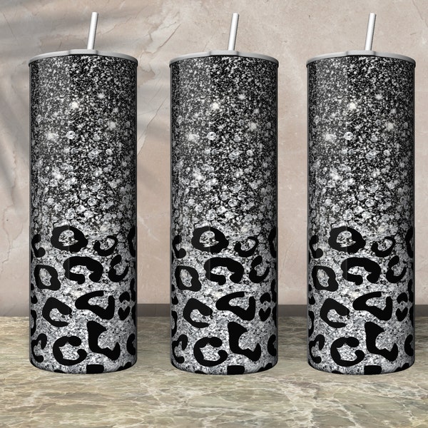 Black Gray Faux Glitter Tumbler PNG Design Silver Leopard Print Cheetah Tumbler Wrap Sublimation Design 20 oz Skinny Tumbler Download