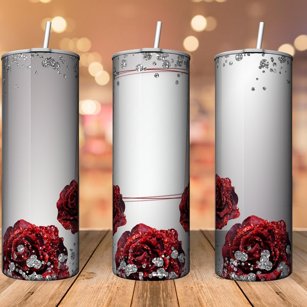 20 oz Skinny Tumbler Silver Faux Glitter Tumbler with Red Roses frame add your text Photo design template sublimation tumbler Download