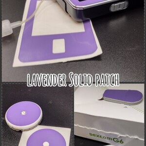 May include: A set of three purple adhesive patches for a Dexcom G6 continuous glucose monitor. The patches are solid purple and feature a rounded rectangle shape. The patches are labeled "Lavender Solid Patch".