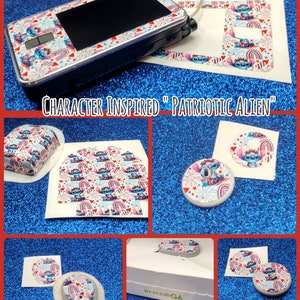 May include: A set of colorful stickers featuring a cartoon character with a red, white, and blue patriotic theme. The stickers are designed to be applied to a medical device, such as a glucose monitor. The stickers feature a character with a blue body, white eyes, and a red nose. The character is wearing a red, white, and blue hat and is holding a firework. The stickers are printed on a white background with red, white, and blue stars and stripes. The stickers are designed to be used on a Dexcom G6 device. The stickers are a fun and festive way to personalize a medical device.