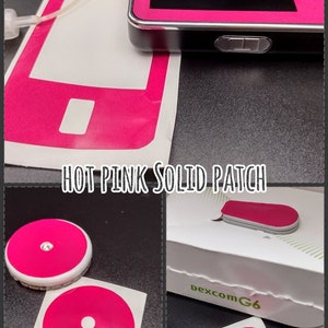 May include: A set of three hot pink solid patch stickers for a Dexcom G6 continuous glucose monitor. The stickers are in different shapes and sizes, including a round sticker, a rectangular sticker, and a long, thin sticker. The stickers are all hot pink and have a smooth, glossy finish.