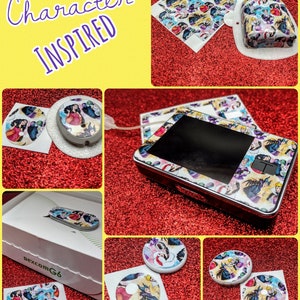 May include: A collage of images showing a variety of colorful character-inspired stickers for a medical device. The stickers feature images of Disney characters, including Maleficent, Snow White, and Cinderella. The stickers are designed to be applied to a Dexcom G6 continuous glucose monitor.