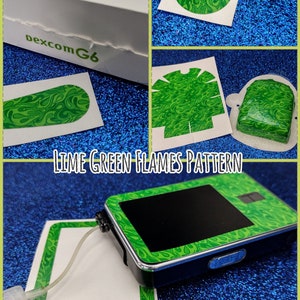 May include: Lime green flames pattern skin decal for a Dexcom G6 continuous glucose monitor. The decal is shown applied to the monitor, as well as the individual pieces of the decal.