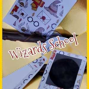 May include: A set of four white stickers with a Harry Potter theme. The stickers feature a variety of images, including a Hogwarts hat, glasses, a letter, and a lightning bolt. The stickers are designed to be applied to a phone case or other smooth surface. The text "Wizards School" is written in red on a brown background.