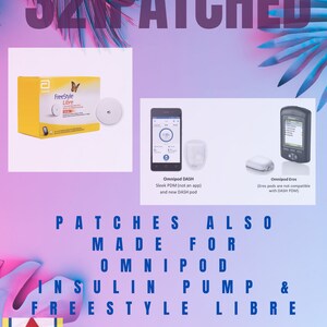 May include: A close-up of product packaging for 321 Patched patches, which are compatible with Omnipod insulin pumps and FreeStyle Libre glucose monitors. The packaging features a blue and white design with the company logo and product name.