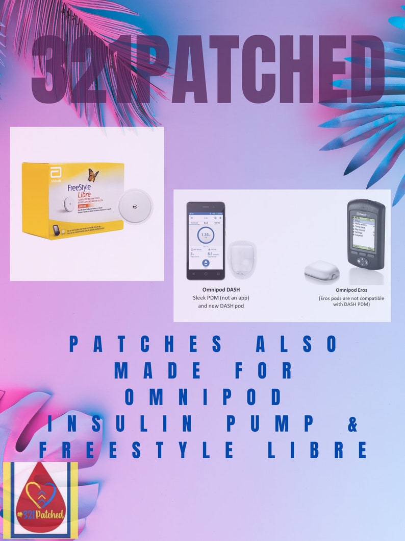 May include: A close-up of product packaging for 321 Patched patches, which are compatible with Omnipod insulin pumps and FreeStyle Libre glucose monitors. The packaging features a blue and white design with the company logo and product name.