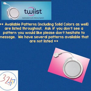 May include: A white and gray automated insulin delivery system with the brand name "twiist" on a blue background. The text "Automated Insulin Delivery System" is below the brand name. Additional text states available patterns.