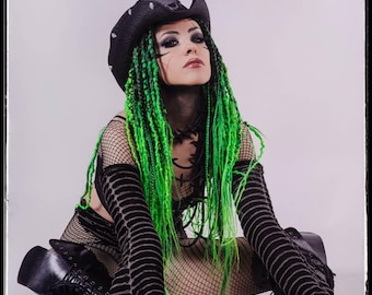 Fluo Green Crochet Synthetic Dreads. Regular, Fishtail Braids. Goth Dark Metal Decorations.