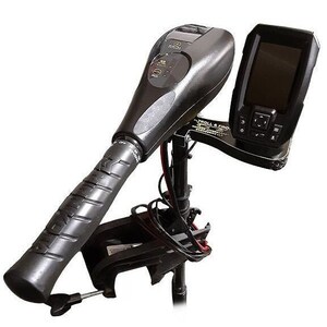 May include: A black electric trolling motor with a built-in fish finder. The motor has a black handle and a black control panel with buttons and a display. The fish finder has a black screen and a black control panel with buttons.