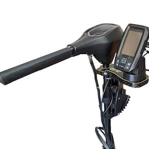 May include: A black electric trolling motor with a built-in fish finder. The motor has a long, black handle and a black base with a gold trim. The fish finder has a black and white screen and a variety of buttons.