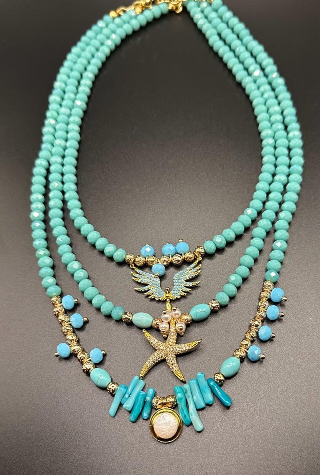 Turquoise 18k Gold Plated Crystal Beads Layered Necklace Etsy