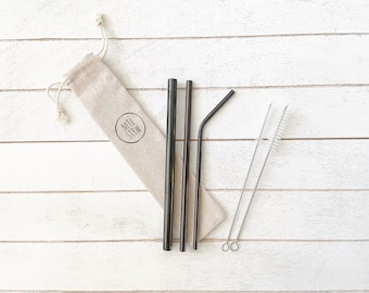 Reusable Stainless Steel Straw Set with Travel Pouch & Cleaning Brushes | The Bundle: 3 Metal Straws (Smoothie + Straight + Bent)
