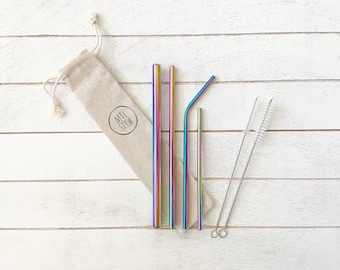 Reusable Stainless Steel Straw Set with Travel Pouch & Brushes | The Mega Bundle: 4 Metal Straws (Smoothie + Straight + Bent + Cocktail)