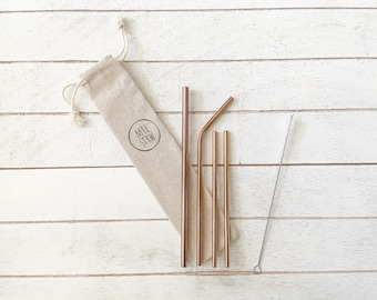 Reusable Stainless Steel Straw Set with Travel Pouch & Brushes | The Cocktail Bundle: 4 Metal Straws (Straight + Bent + Cocktail x2)
