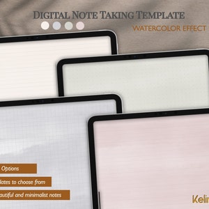 Pode incluir: Quatro modelos digitais para tomar notas com efeitos de aquarela. Os modelos apresentam páginas pautadas, quadriculadas e em branco. O texto na imagem diz "DIGITAL NOTE TAKING TEMPLATE", "WATERCOLOR EFFECT", "7 Color Options", "4 Templates to choose from", "Take beautiful and minimalist notes" e "Kelindar".