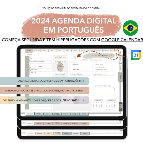 Planificador digital 2024 en portugués BR para iPad GoodNotes, Notability • Enlaces del Planificador de productividad a Google Calendar • Planificador de comidas semanal