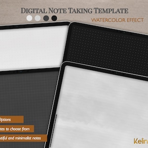 Pode incluir: Quatro modelos digitais para tomar notas com diferentes fundos: branco com pequenos pontos, preto com pequenos pontos, grade cinza e efeito aquarela. O texto "DIGITAL NOTE TAKING TEMPLATE" e "WATERCOLOR EFFECT" é exibido na parte superior da imagem. O texto "4 Color Options", "4 Templates to choose from" e "Take beautiful and minimalist notes" é exibido na parte inferior da imagem. O texto "Kelindar" é exibido no canto inferior direito da imagem.