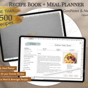 Op de afbeelding: Een digitale receptenboek- en maaltijdplanner-app op een tabletscherm. De app heeft een grijze achtergrond met een gouden accent. De app biedt meer dan 1500 recepten, waaronder een recept voor een zalm poke bowl. De app is compatibel met GoodNotes en Notability.