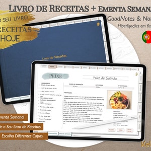 Pode incluir: Um tablet digital a mostrar uma receita de poke bowl de salmão. A receita inclui ingredientes, instruções e uma fotografia do prato finalizado. O tablet está aberto numa página intitulada "Poke de Salmão" e faz parte de um livro de receitas digital maior.