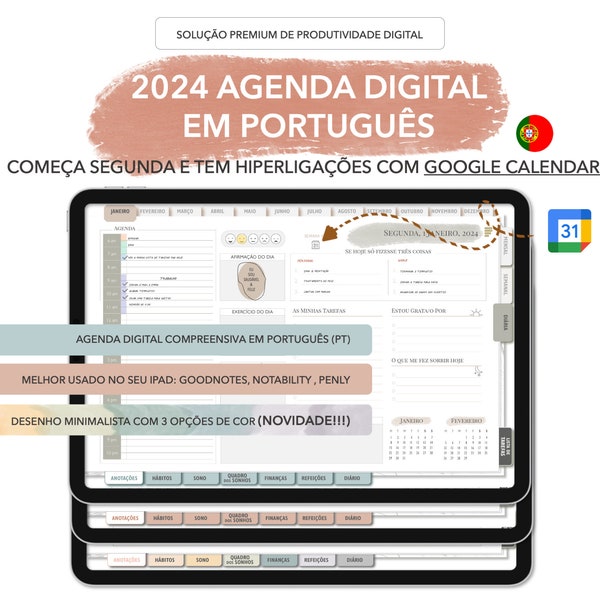 Digital Planner in Portuguese (PT) 2024, best used on your iPad Planner GoodNotes, Notability • Bullet Journal with Links to Google Calendar