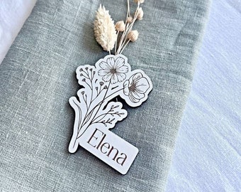 Botanical wooden place card, wedding place names, Personalized wedding place table cards