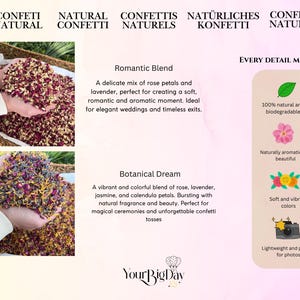 May include: Image features natural confetti blends, including a romantic mix of rose petals and lavender, and a botanical blend of rose, lavender, jasmine, and calendula petals. The text highlights the confetti's natural and biodegradable qualities, with soft, vibrant colors.
