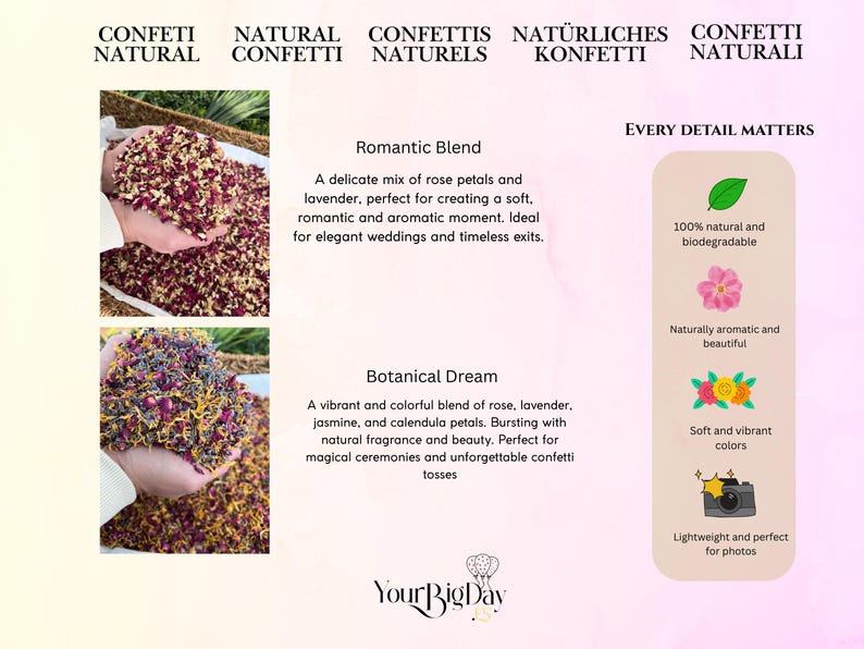 May include: Image features natural confetti blends, including a romantic mix of rose petals and lavender, and a botanical blend of rose, lavender, jasmine, and calendula petals. The text highlights the confetti's natural and biodegradable qualities, with soft, vibrant colors.